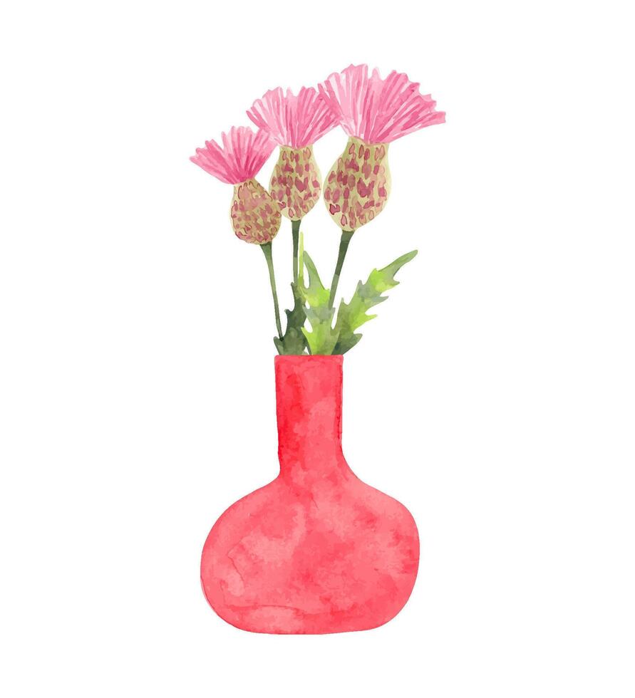 Composition of thistles in a pink vase.Watercolor illustration.Bouquet of wildflowers with leaves.Hand drawing.Simple stylized style. Spring botanical bouquet for Easter, mother's day, cards.Vector vector