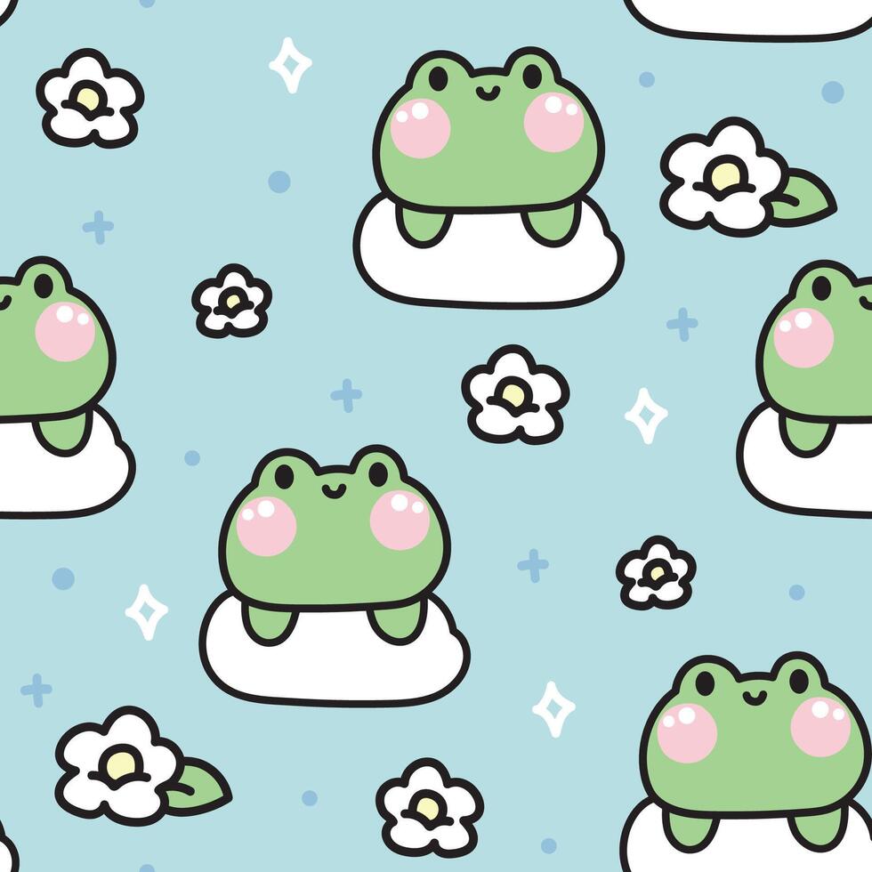 Seamless pattern of cute frog on cloud with flower sky background.Reptile animal character cartoon design.Floral.Baby clothing.Kawaii.Vector.Illustration. vector