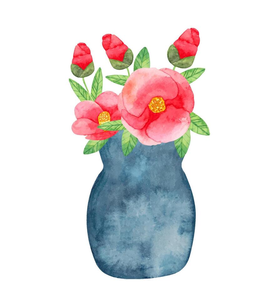 Arrangement of camellia in a vase.Watercolor illustration.Bouquet of wild flowers with leaves.Hand drawing.Simple stylized style. Spring botanical bouquet for Easter, mother's day, cards. Vector