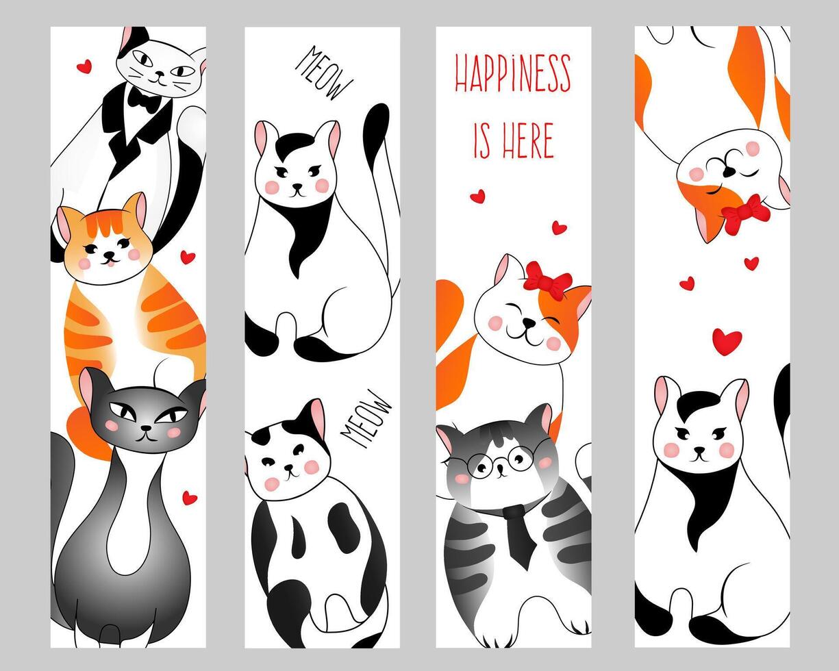 Set bookmarks with many different  red, grey, black and white cats on white background. Vector illustration for children.