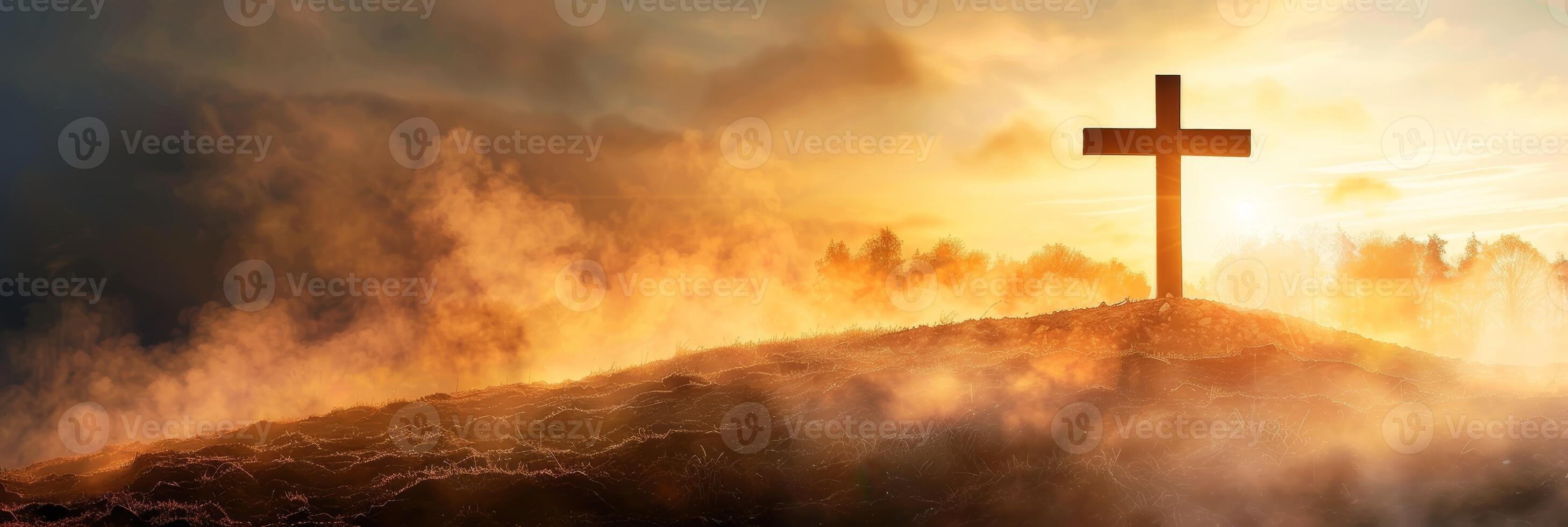 AI generated Cross on the hill at sunset with clouds in the sky. photo