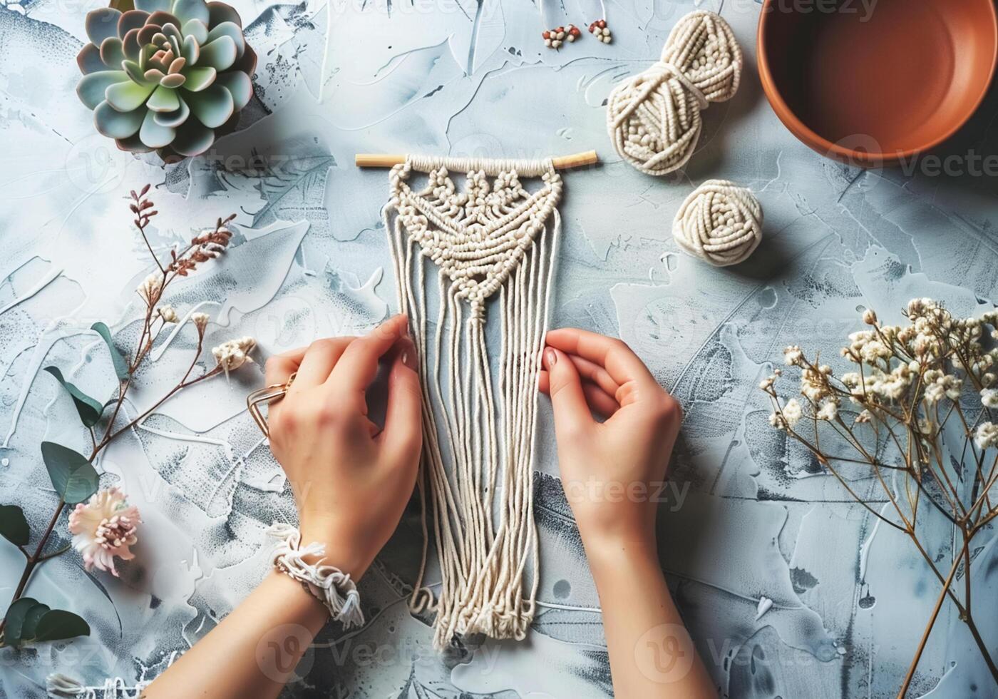 AI generated Handmade macrame, manual weaving technique that uses elaborate knots to create decorative patterns. photo