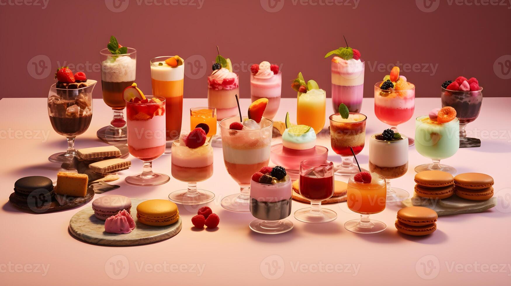AI generated a variety of desserts are arranged on a table photo