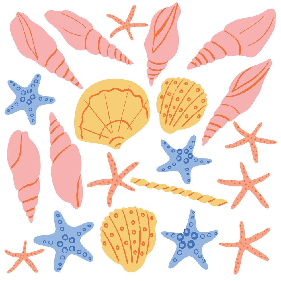 Sea mollusks, sea shells and starfish set. A collection of underwater world inhabitants for children's room. Vector Illustration collection