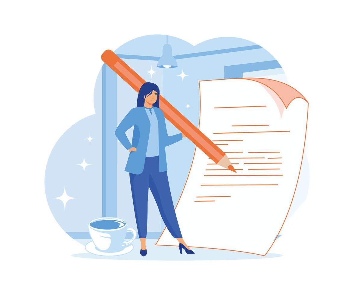 Content writer, blogger, bullet journalist or publishing editor concept, young smart woman freelance holding big pencil thinking and writing content on notepad paper with cup of coffee. vector