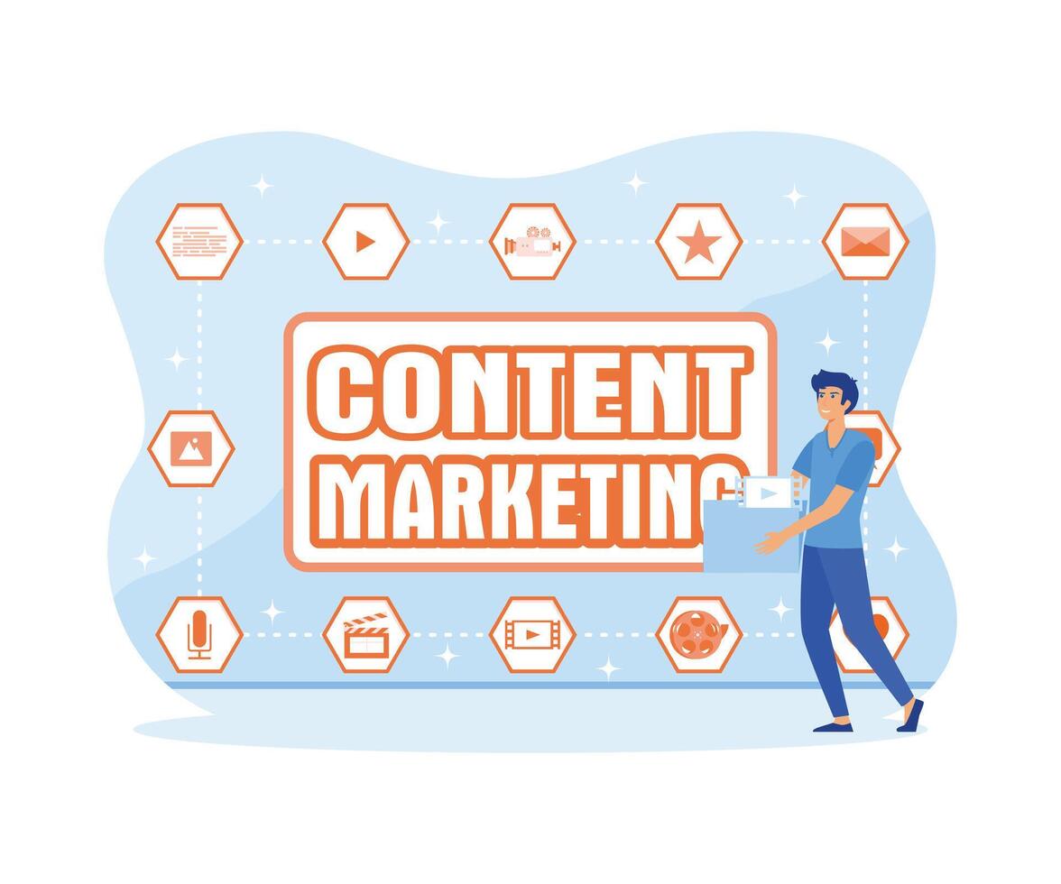 Content Marketing and Blogging concept. A man carries a large folder with media files. Creating, marketing and sharing of digital. flat vector modern illustration