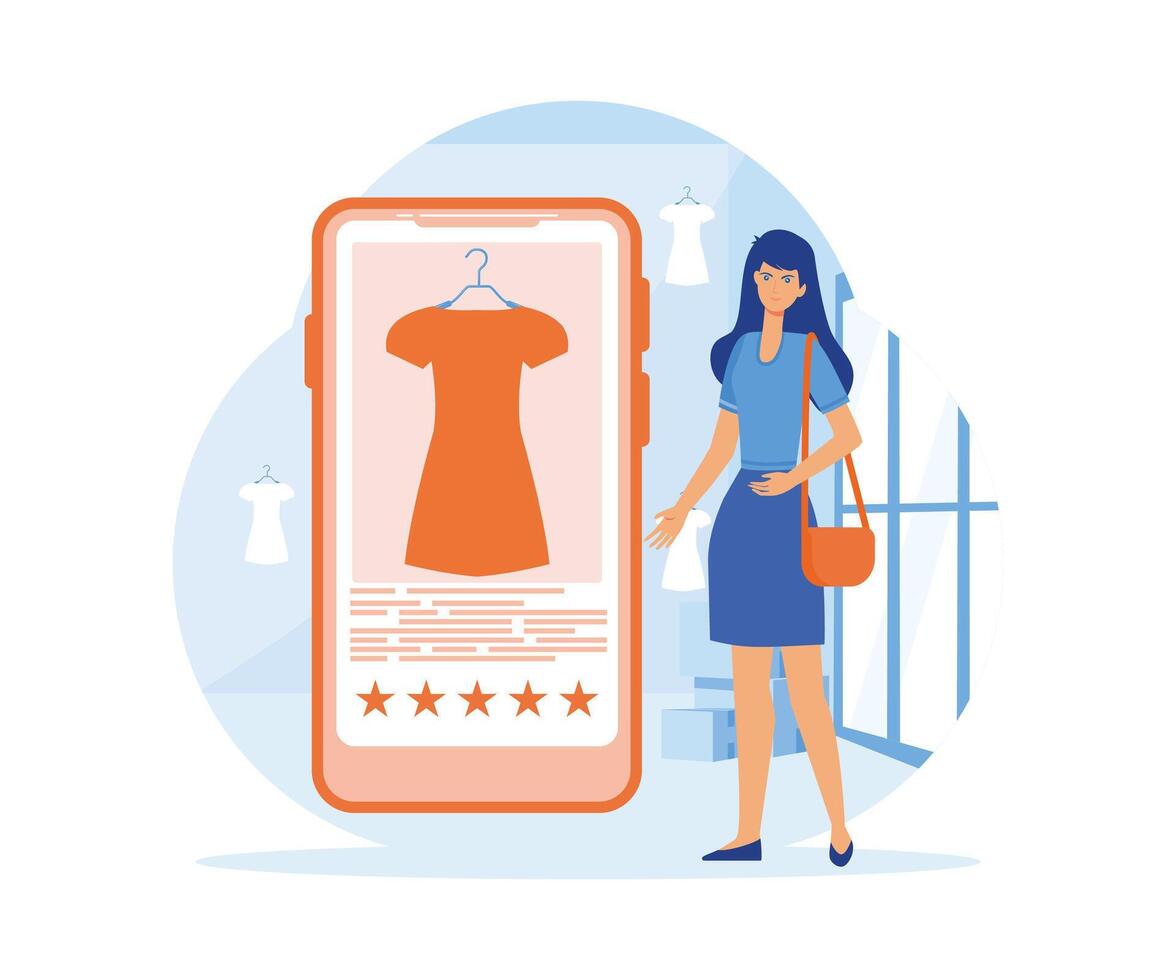 móvil en línea compras, mujer comprar vestidos en en línea tiendas, compras en social redes mediante teléfono, en línea compras y entrega servicio. plano vector moderno ilustración