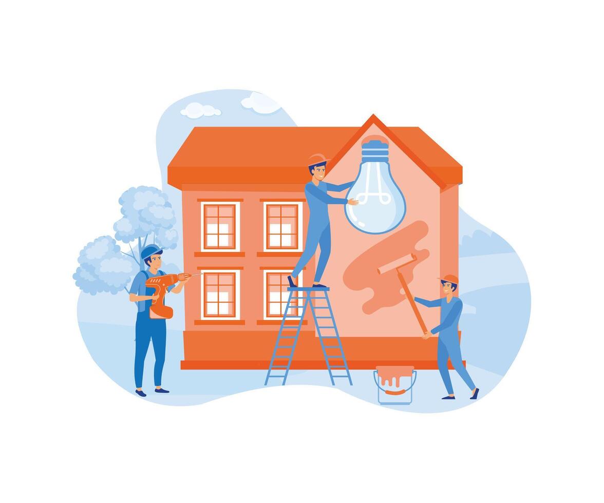 Home renovation workers. Painting, electric, finishing works, builders doing apartment repair, professional decorating service. flat vector modern illustration