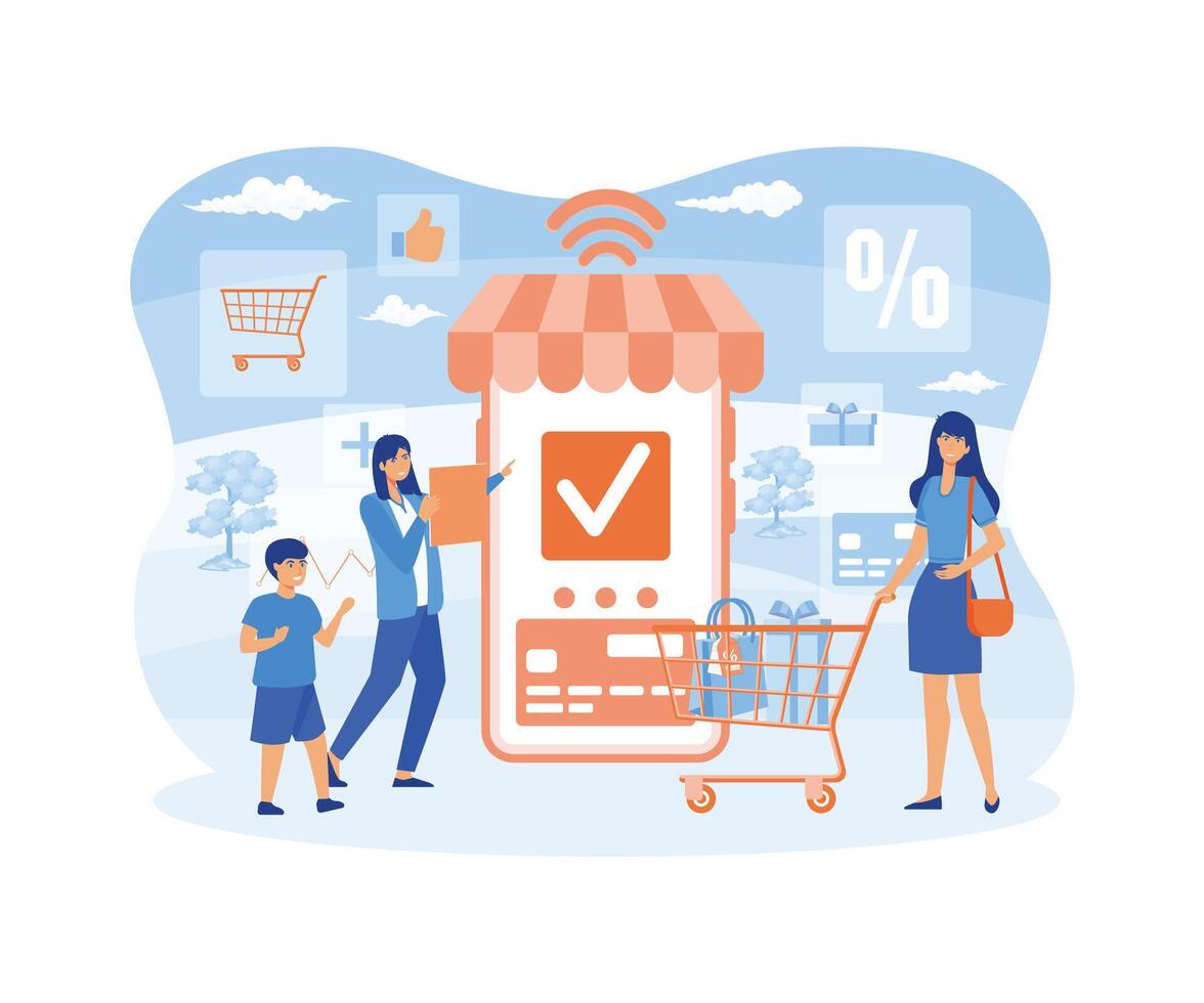 contento familia haciendo tienda de comestibles compras en línea con un móvil aplicación en su teléfono inteligente, el mujer es participación un compras carro con productos y el mujer es haciendo el pago con un crédito tarjeta. vector