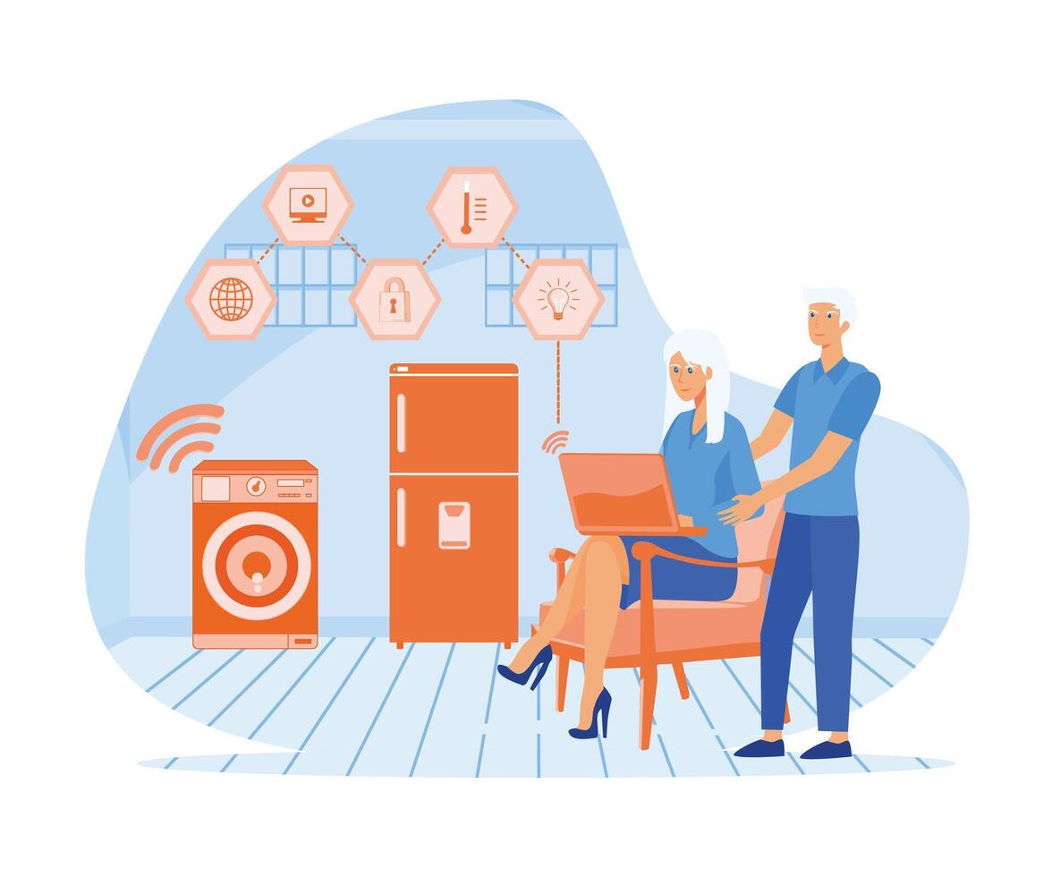 Elderly couple holding remote home control system on a digital tablet. Grey-haired pensioner in eyeglasses helping his wife with new smartphone app. flat vector modern illustration
