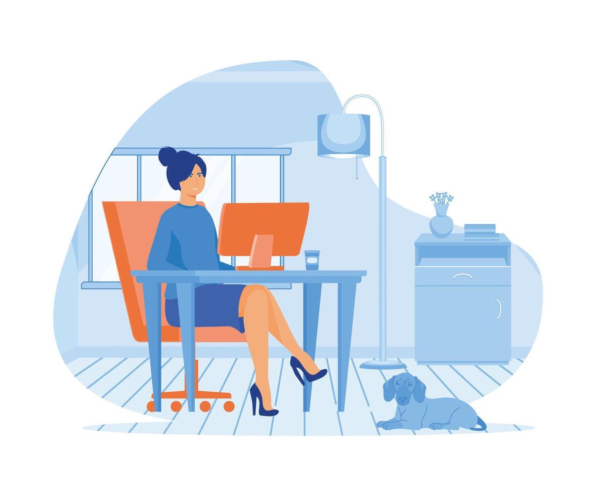 mujer trabajando desde hogar y hablando con colegas en línea. mujer sentado a escritorio en habitación, mirando a computadora pantalla. plano vector moderno ilustración