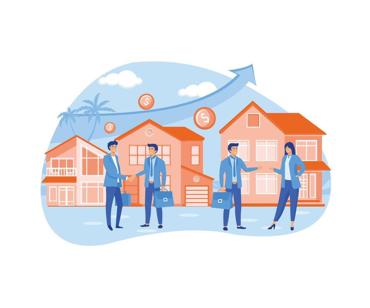 Real estate transaction and rising of property value. People selling property and buying house and cottage. For business or new home concept. flat vector modern illustration