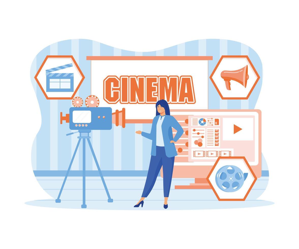 Film Production, Film making concept. Movie camera, loud speaker, clapper board, cine-film, video editor on screen, award statue, cinema screen. flat vector modern illustration