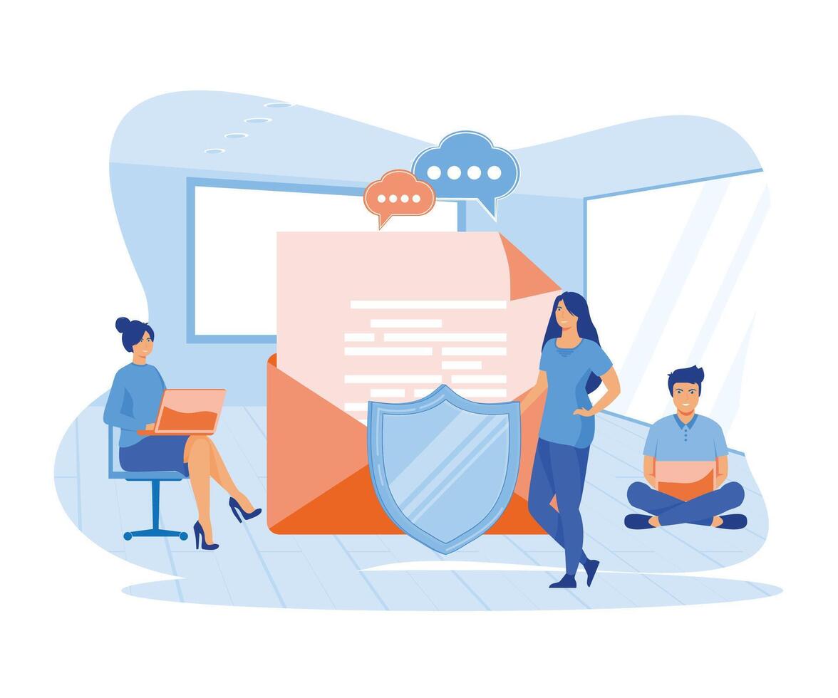 Private messages, email encryption, confidential information protection. Group of people stand near big envelope, letter, shield. flat vector modern illustration