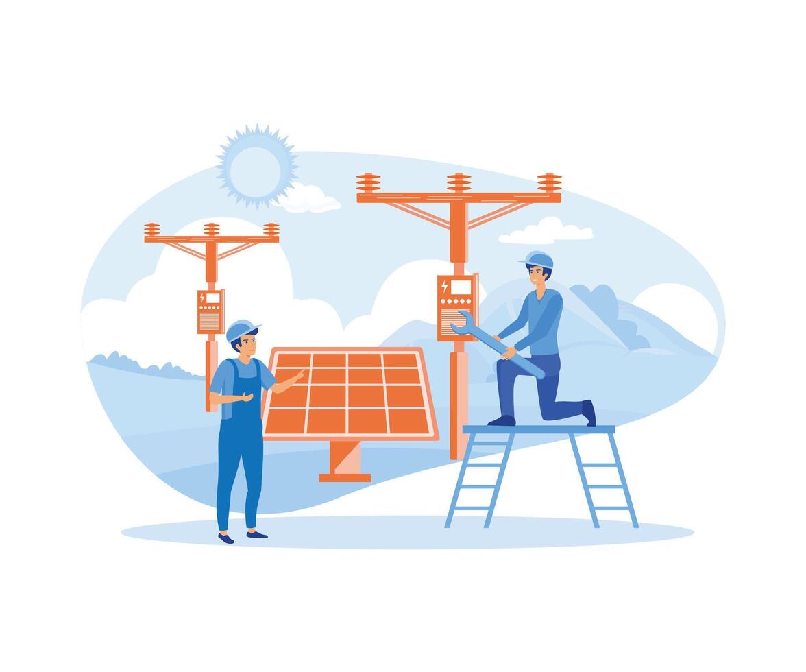 Solar Energy Installation, Panel or Wind Turbine Maintenance with Home Service Team For Electricity Network Operation. flat vector modern illustration