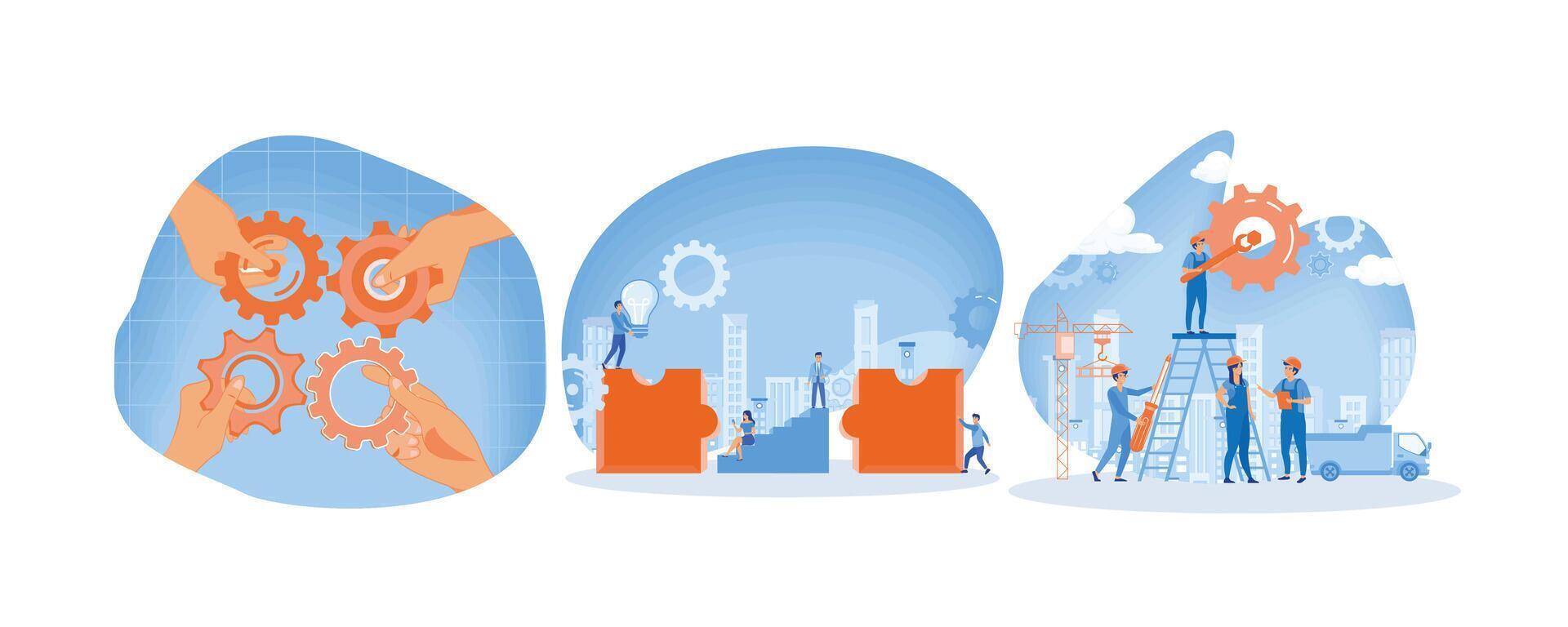 People connecting puzzle elements. Group of young business people working together with puzzles as symbol of collaborating. Workers couple rotating cogwheels teamwork. vector