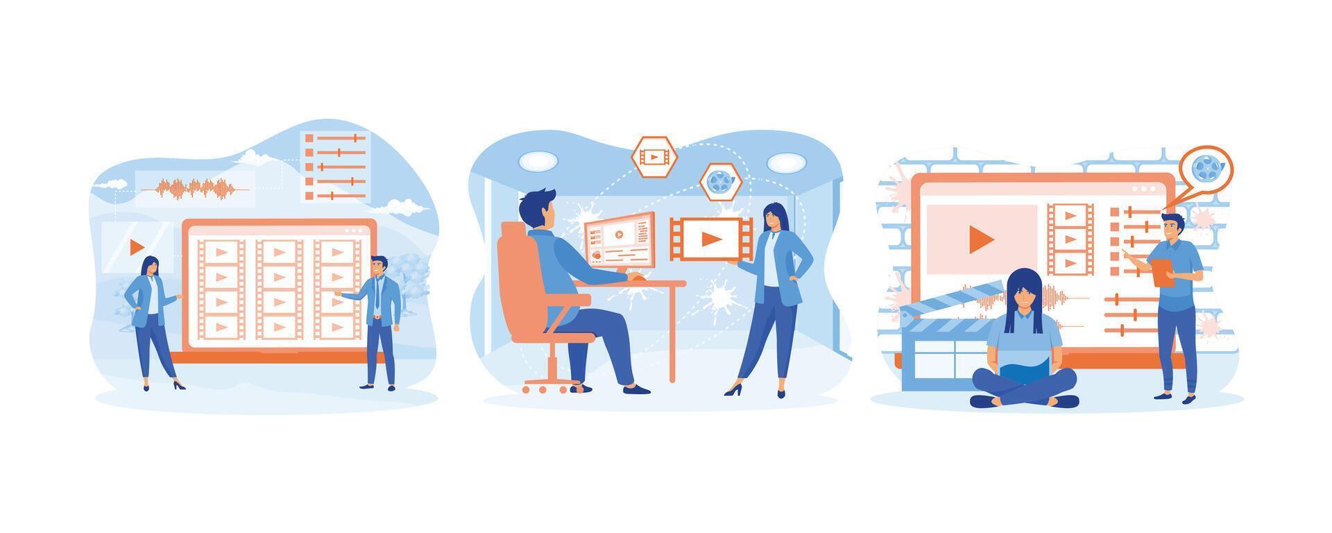 Video maker online course. Motion design and video content production. Tiny people footage editing and making multimedia content production in laptop app. Set flat vector modern illustration
