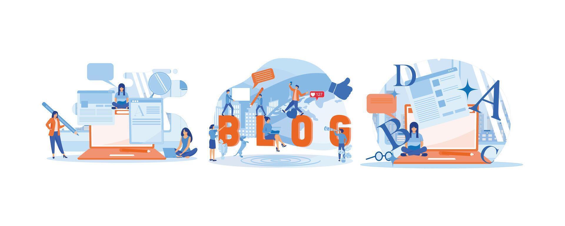 Blogging, Blogger. Freelance. Blog Creative Content Production Workflow Process Poster. Blog articles creation concept. Set flat vector modern illustration