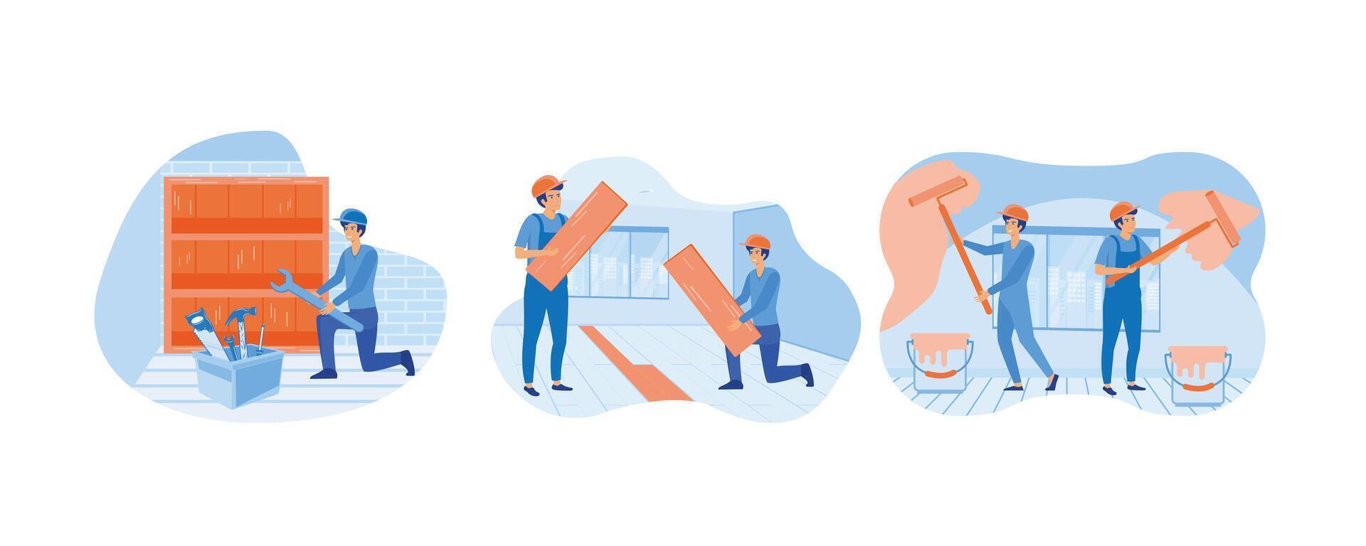 Home renovation with plumber contractor worker. Home renovation with carpentry contractor workers doing indoor maintenance. Home renovation concept. Set flat vector modern illustration