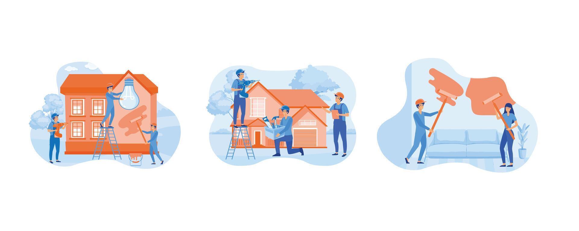 Home renovation workers. Group of constructors, roofers, foremen, house. Home renovation and repair concept. Set flat vector modern illustration