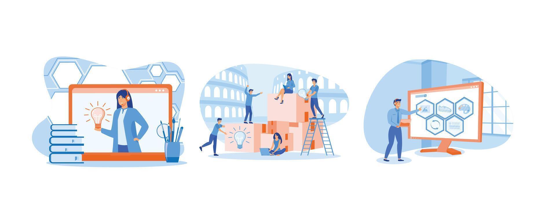 Online assistant, virtual help service. Searching for new ideas solutions, working together in the company. Remote consultant helping customer during call to virtual shop. vector
