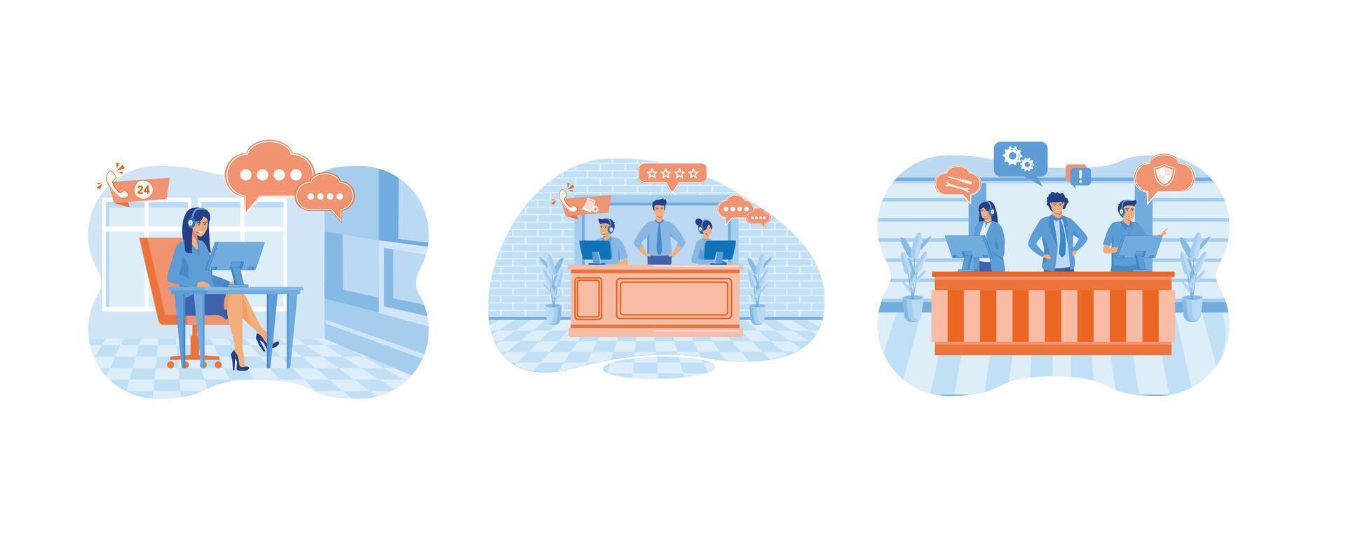 Customer service, hotline operator advises customer. Smiling office operators with headsets. Customer service, hotline operators consult customers. Set flat vector modern illustration