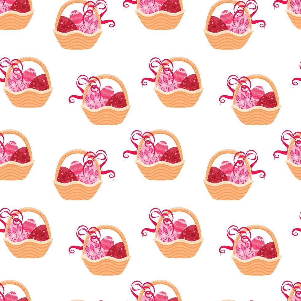 Easter basket with eggs seamless pattern. Hand drawn vector seamless pattern. Easter holiday decor. Wicker basket, painted eggs. Wrapping paper, holiday decor, home textiles