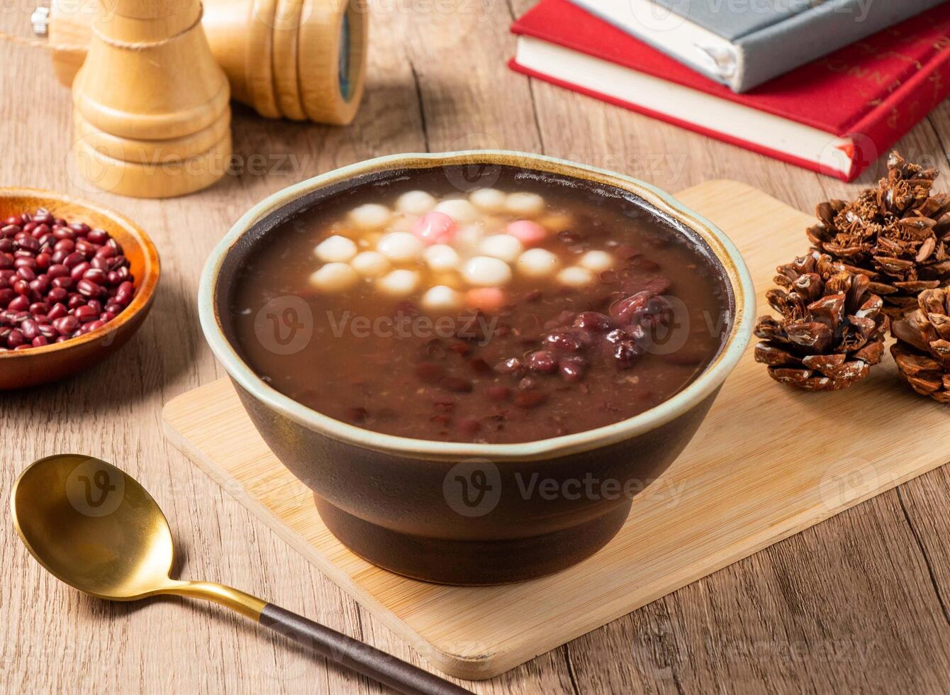 Red Bean Rice Balls soup served in bowl isolated on table top view of asian food photo