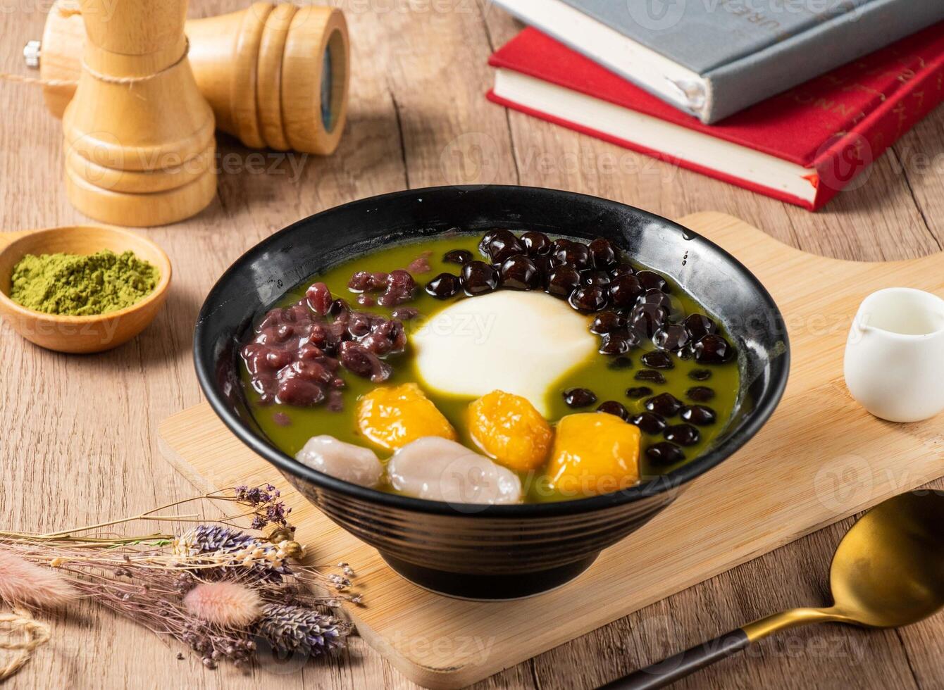 Grass Jelly Matcha, mango, beans served in bowl isolated on table top view of asian food photo