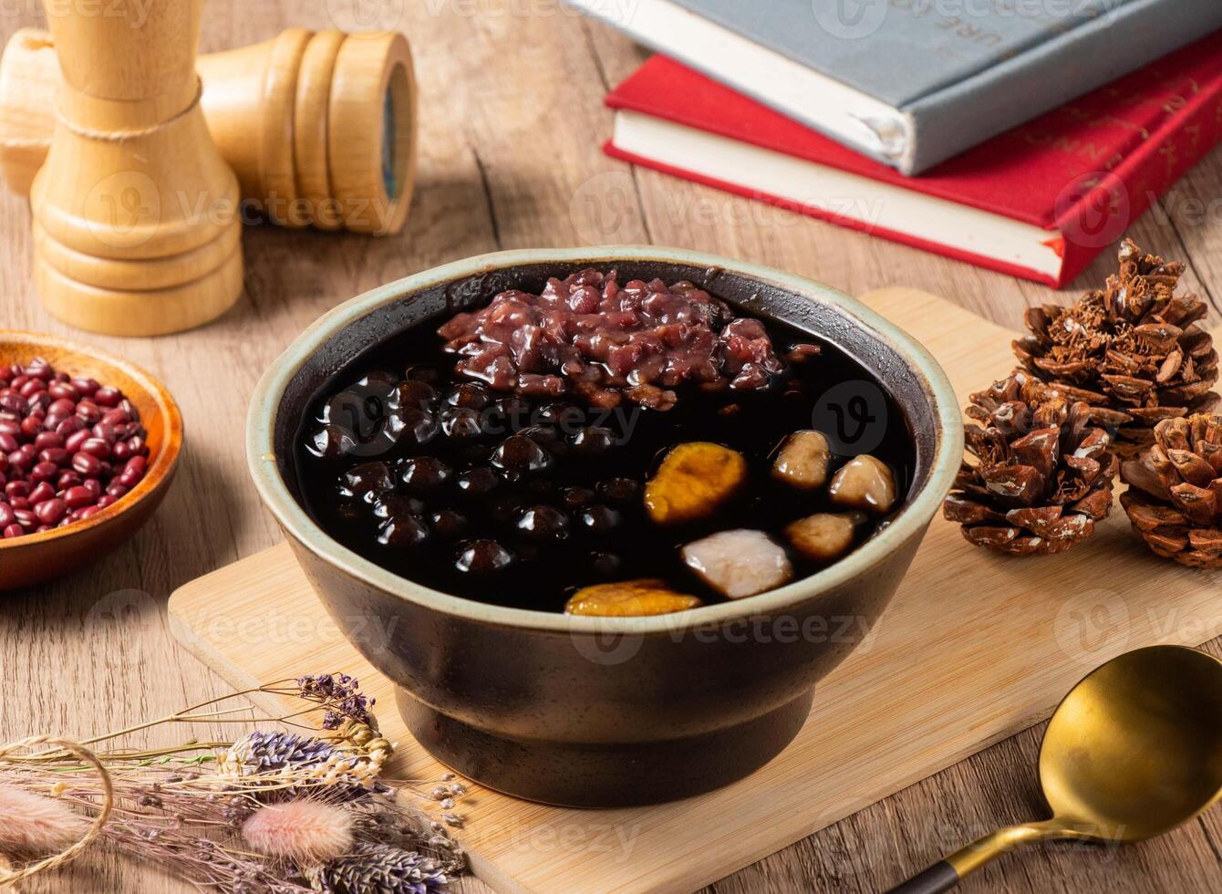 Burning Grass Jelly beans served in bowl isolated on table top view of asian food photo