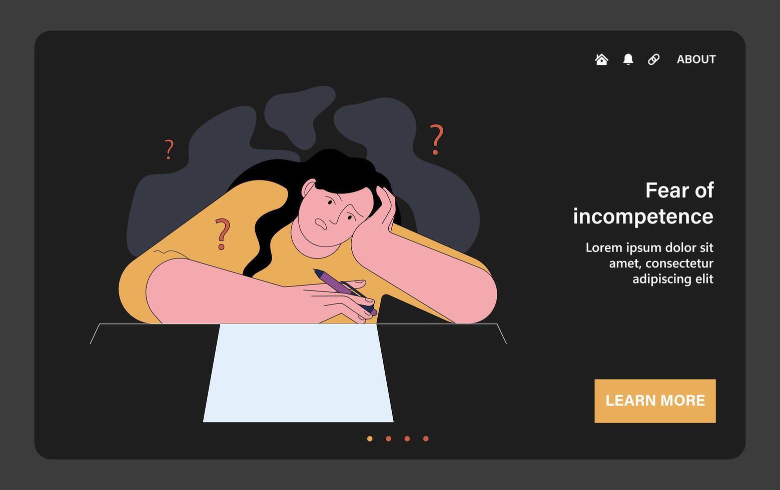 Fear of incompetence dark or night mode web, landing. Confused, insecure vector