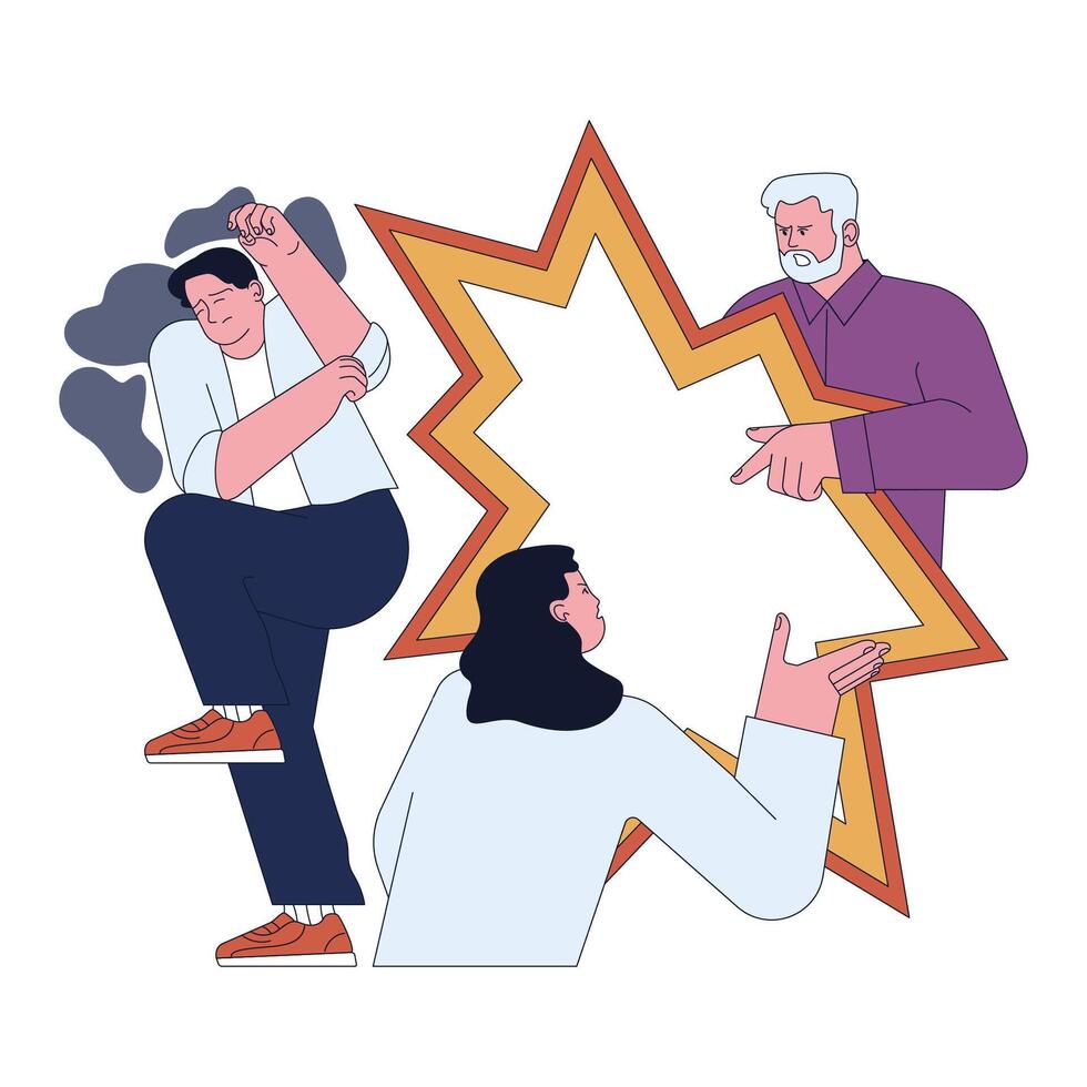 Fear of conflict. Tension-filled character scared of two people in verbal vector