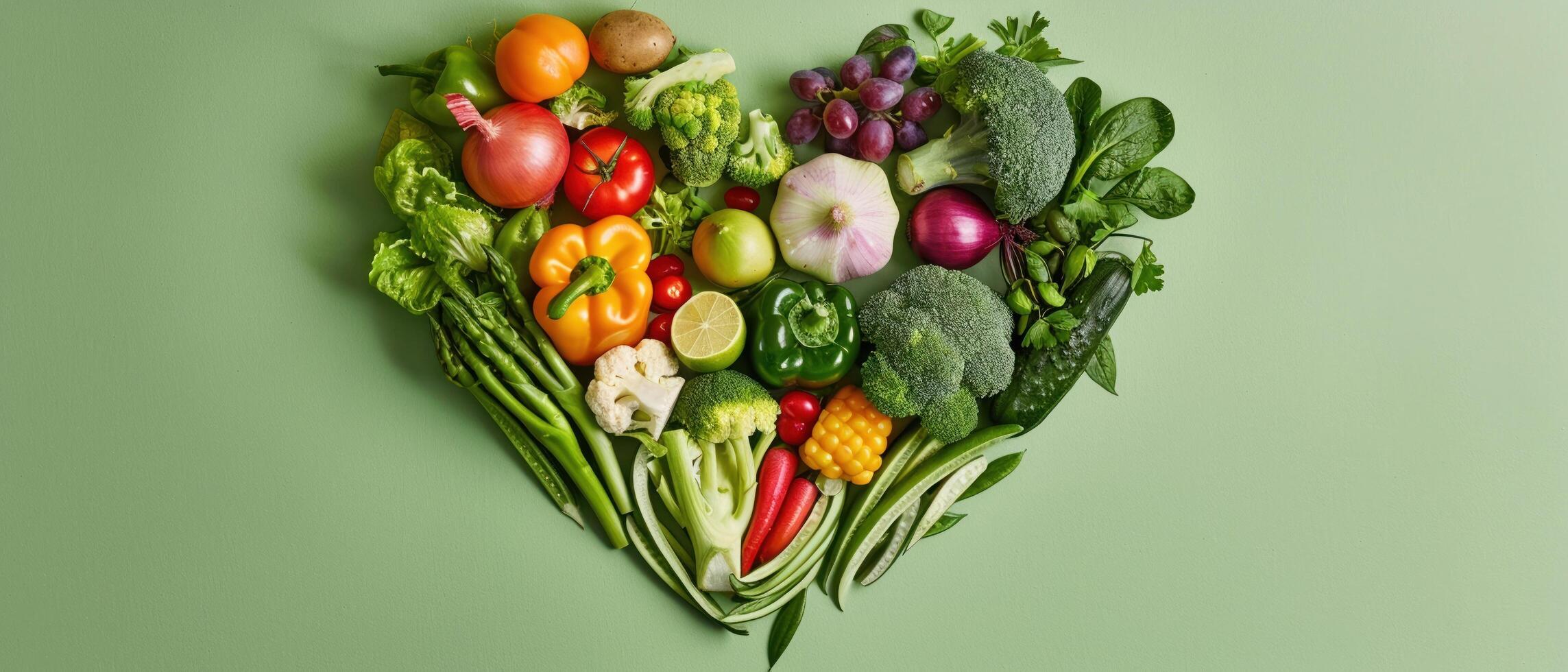 AI generated A variety of fresh vegetables arranged in a heart shape on a lime green background photo