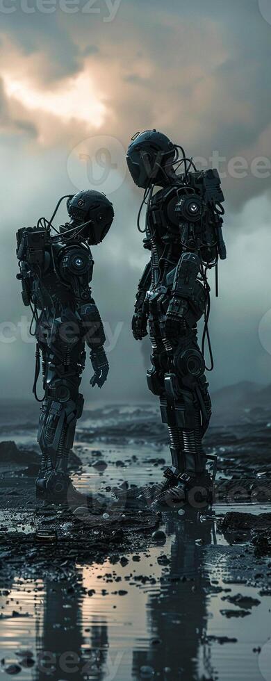 AI generated Robots, futuristic armor, robotic workers repairing a scorched Earth from failed solar shield, 3D render, Silhouette lighting, Vignette photo