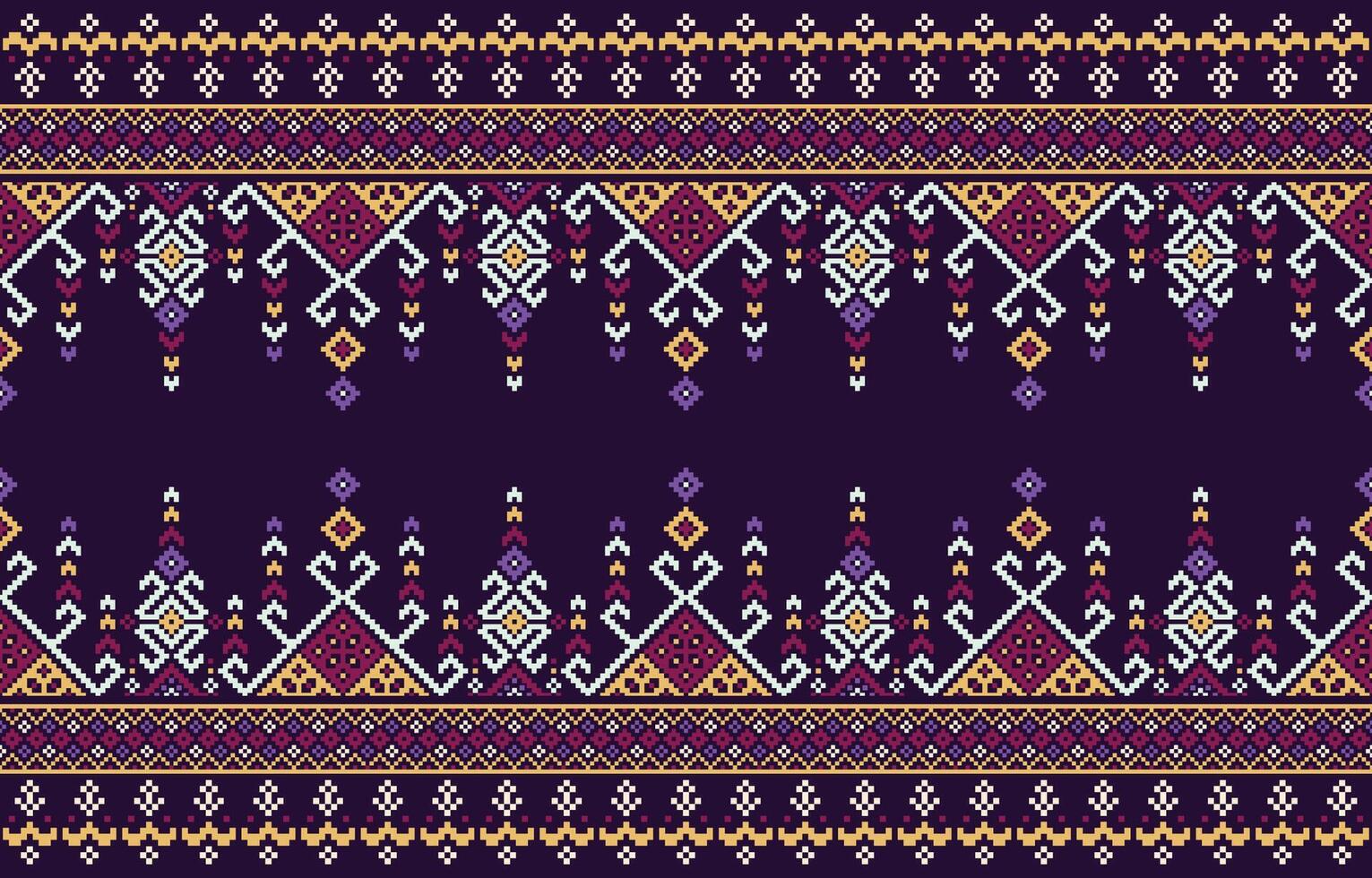 Embroidery pattern. Cross stitch pattern. Ethnic patterns on a dark bule background. Design for fabric,pattern,pixel,geometry,motif,towel,horizontal,border,folk,retro,handcraft,abstract,batik,zigzag. vector