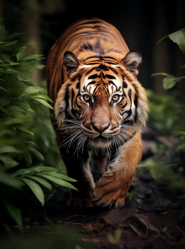 AI generated tiger running in the jungle.Generative Ai photo