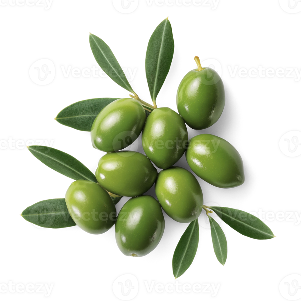 AI generated Olives with olive leaves isolated, healthy and organic food, AI generated, PNG transparent with shadow