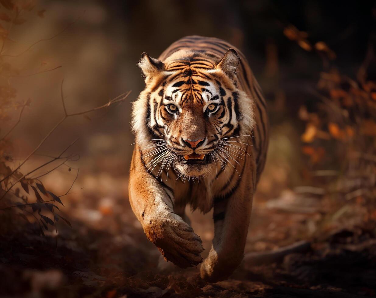 AI generated tiger running in the jungle.Generative Ai photo