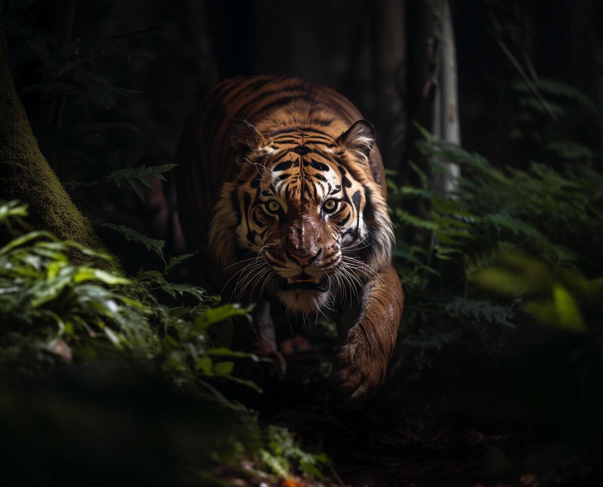 AI generated tiger running in the jungle.Generative Ai photo