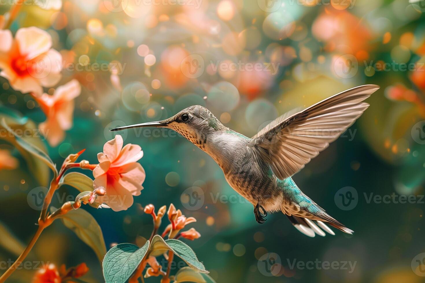 AI generated hummingbird sucking nectar from bloom in the forest,Generative Ai photo