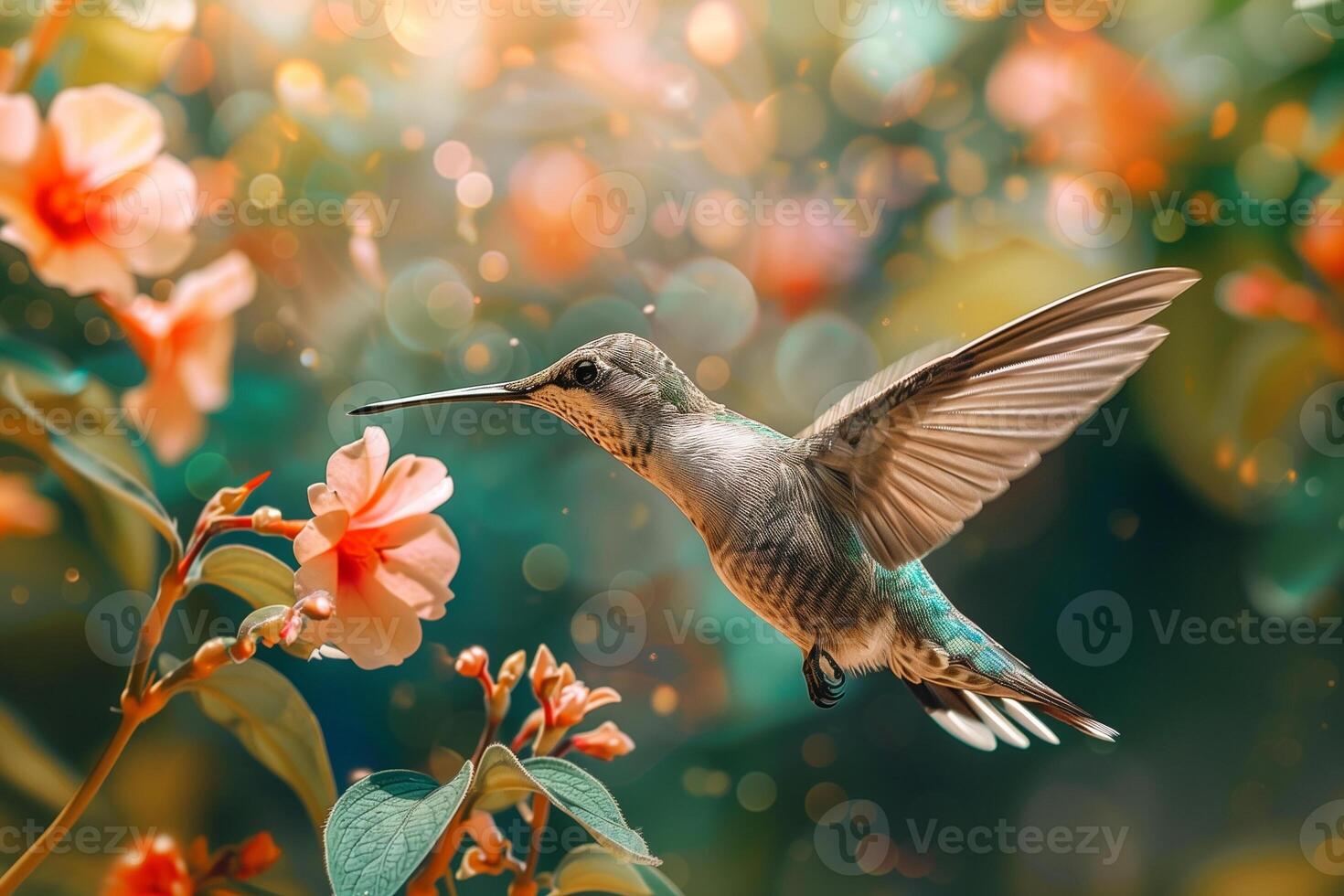 ai generado colibrí succión néctar desde floración en el bosque, generativo ai foto