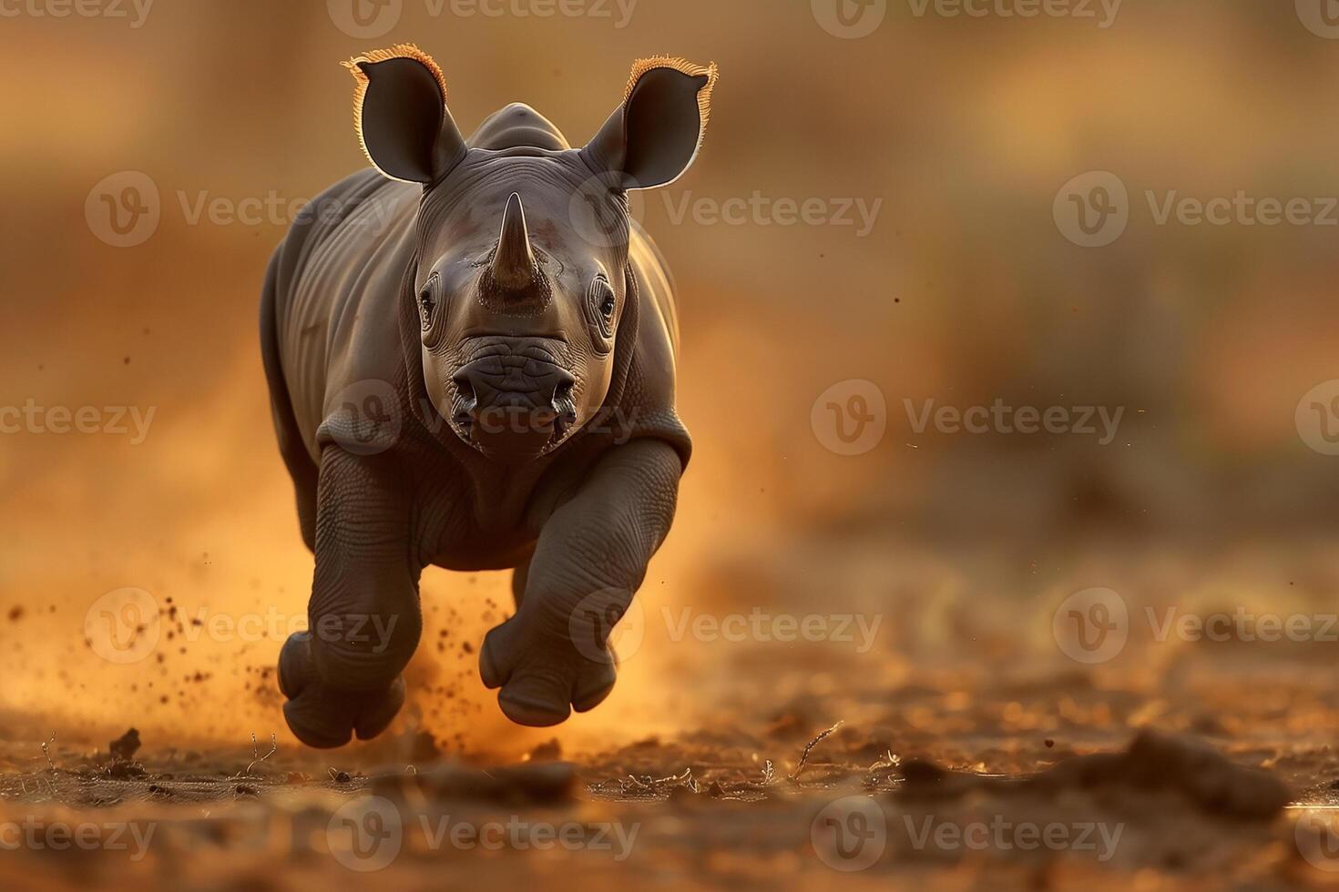 AI generated baby rhinoceros running across the savanna safari.Generative Ai photo