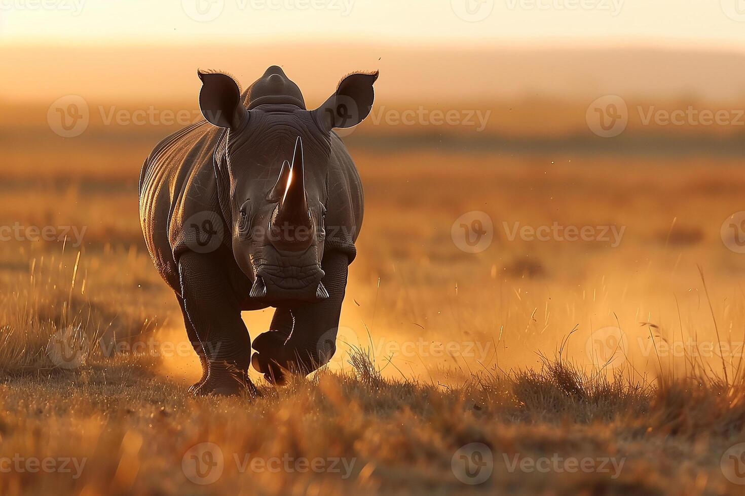 AI generated rhinoceros running across the savanna safari.Generative Ai photo