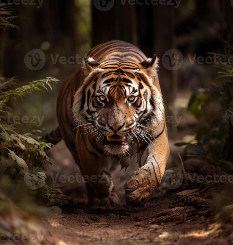 AI generated tiger running in the jungle.Generative Ai photo