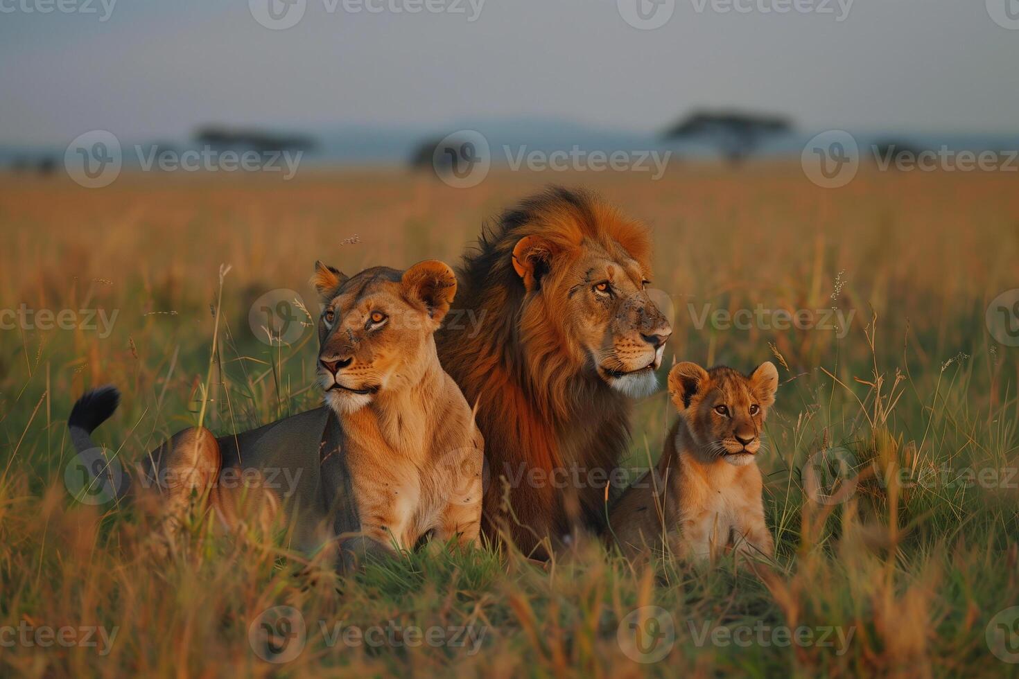 AI generated lion cubs sitting with family.Generative Ai photo