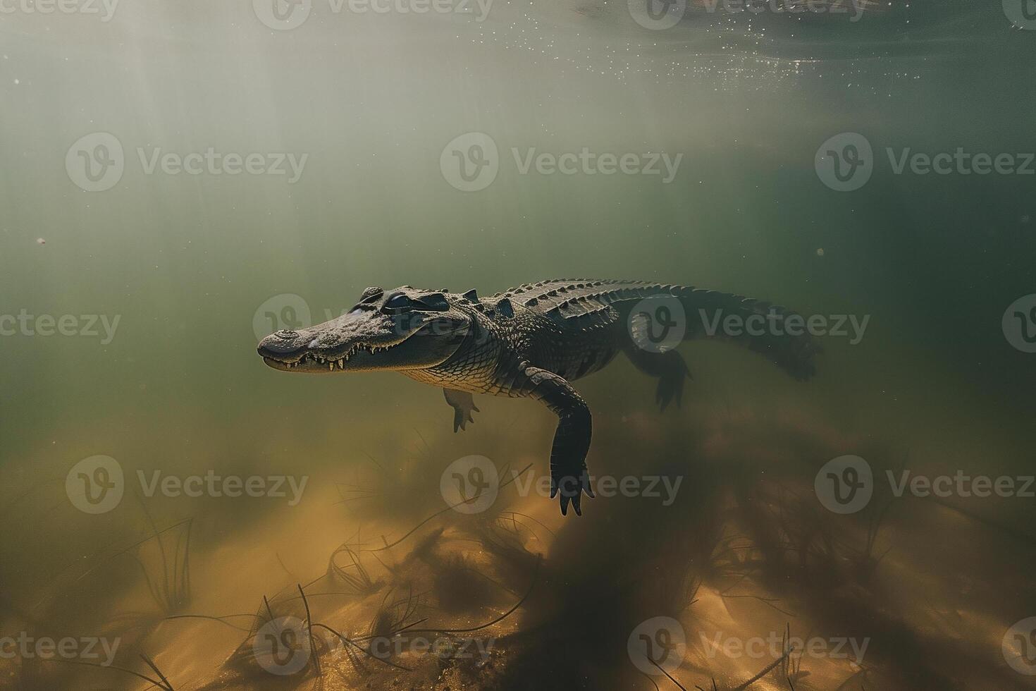 AI generated crocodile hiding under water,underwater shot .Generative Ai photo