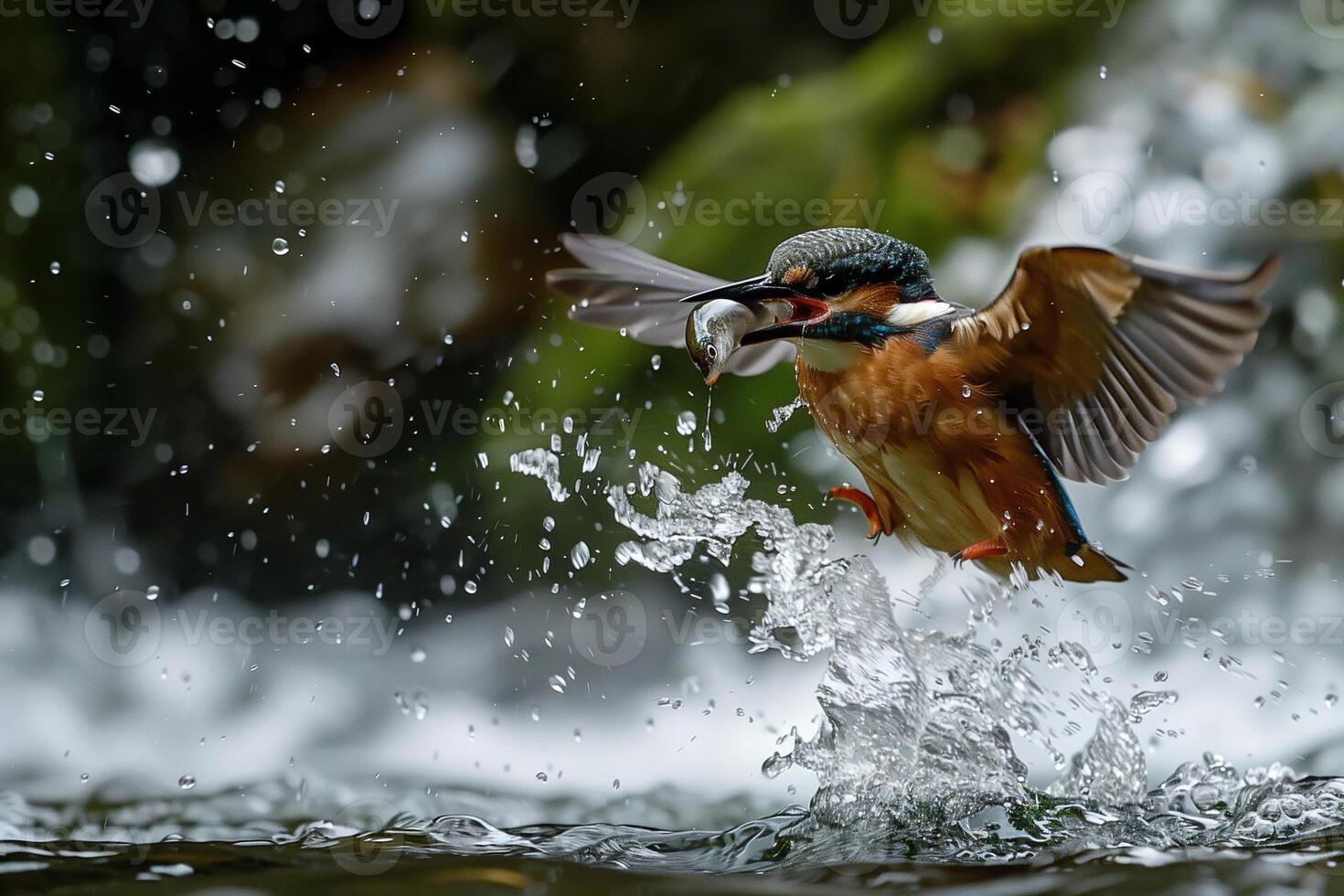 AI generated Kingfisher emerging from the water after driving to grab a fish.Generative Ai photo
