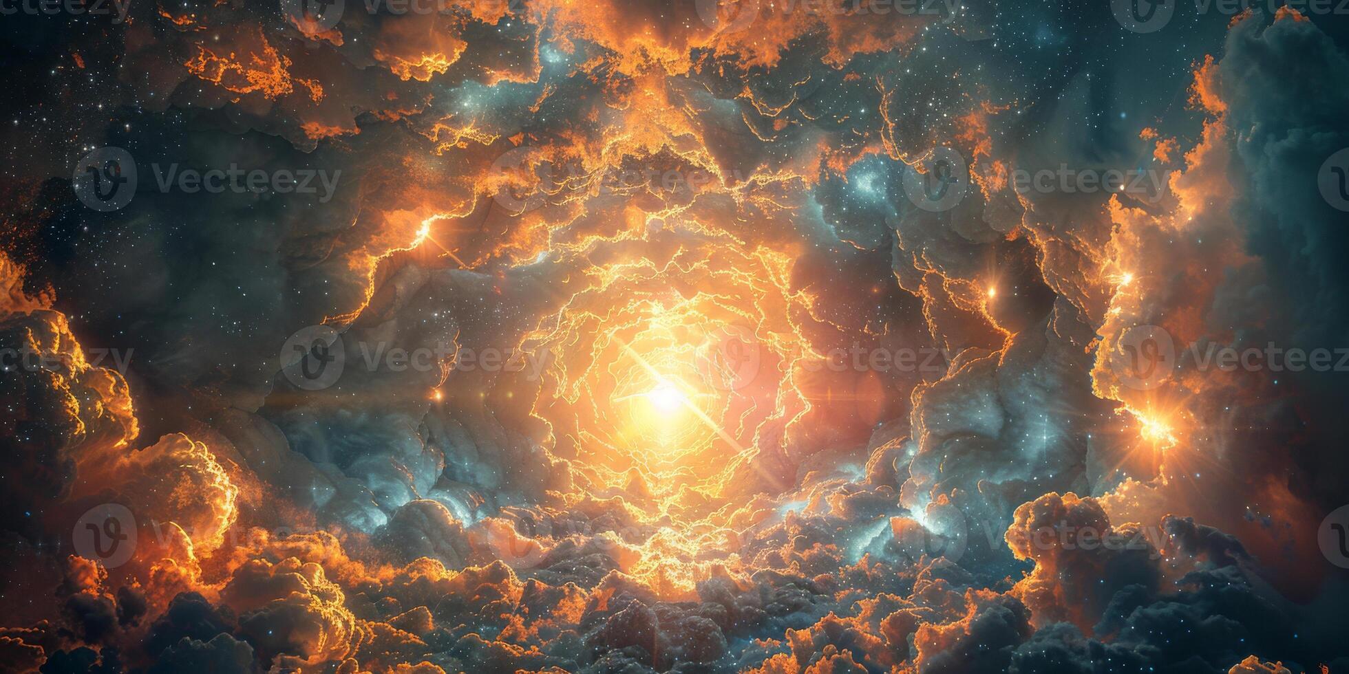 AI generated An image capturing clouds with a beam of light emanating from a mystical-looking doorway suspended in the sky photo