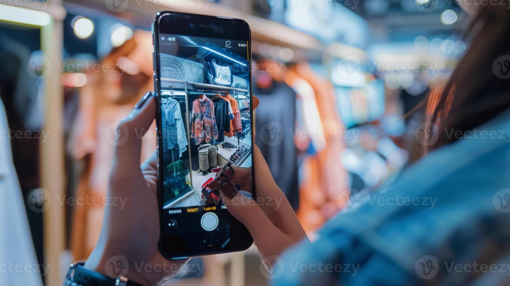 AI generated Virtual Try-On, an image of a customer using augmented reality or virtual try-on technology to preview how a product looks on them before making a purchase, generative AI photo