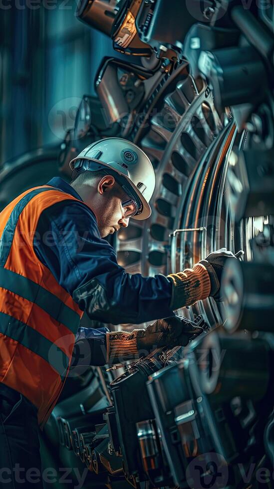 ai generado técnico es haciendo mantenimiento viento energía motor foto